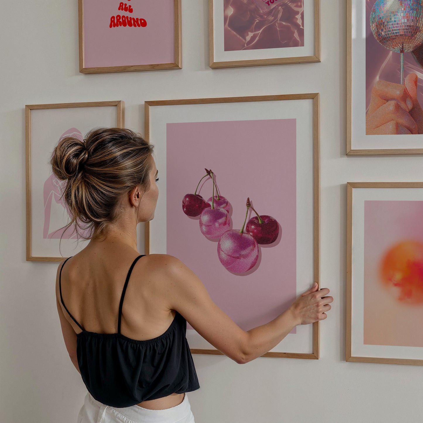 Disco Cherry Print | Wall Art Poster | Disco Ball Pink Red Cherries | Ma Cherie Poster | Girly Dorm Wall Decor | Preppy Maximalist Print